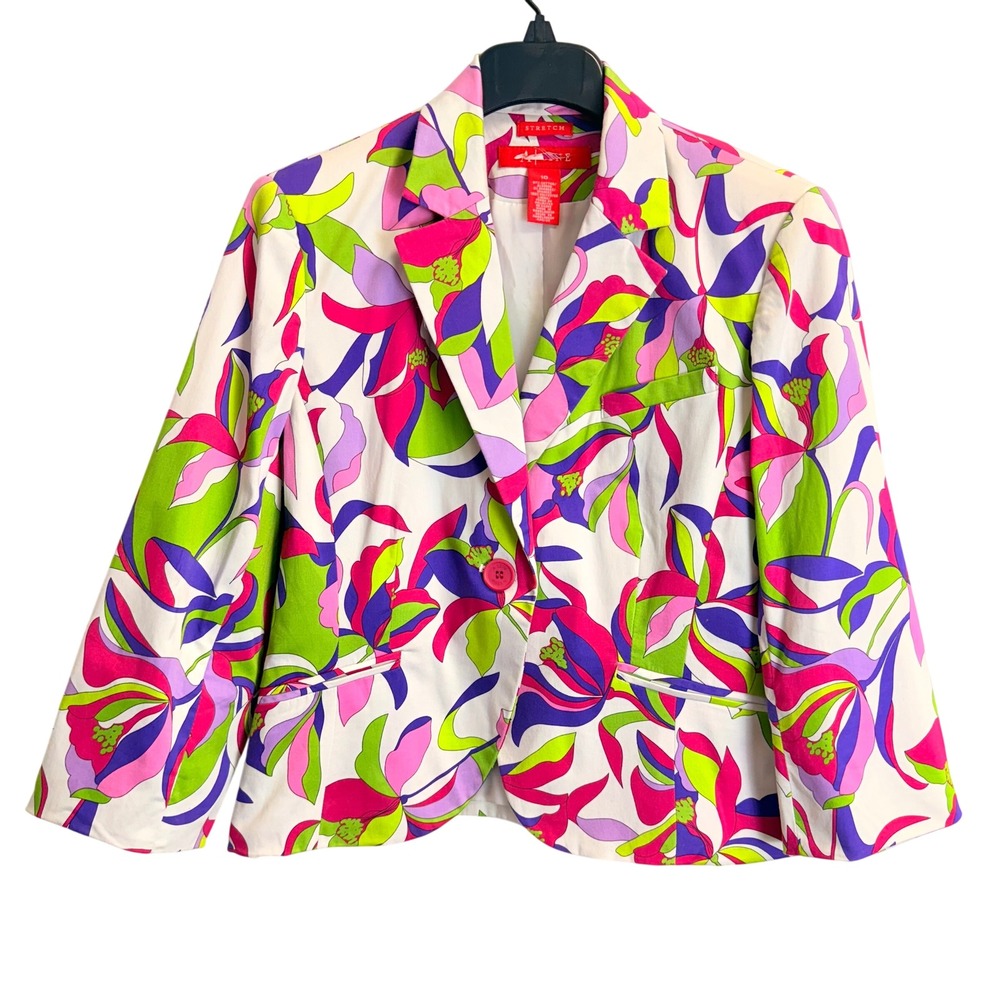 Anne Klein A-Line Floral Blazer Pink Green Purple Psychedelic Stretch Jacket 10